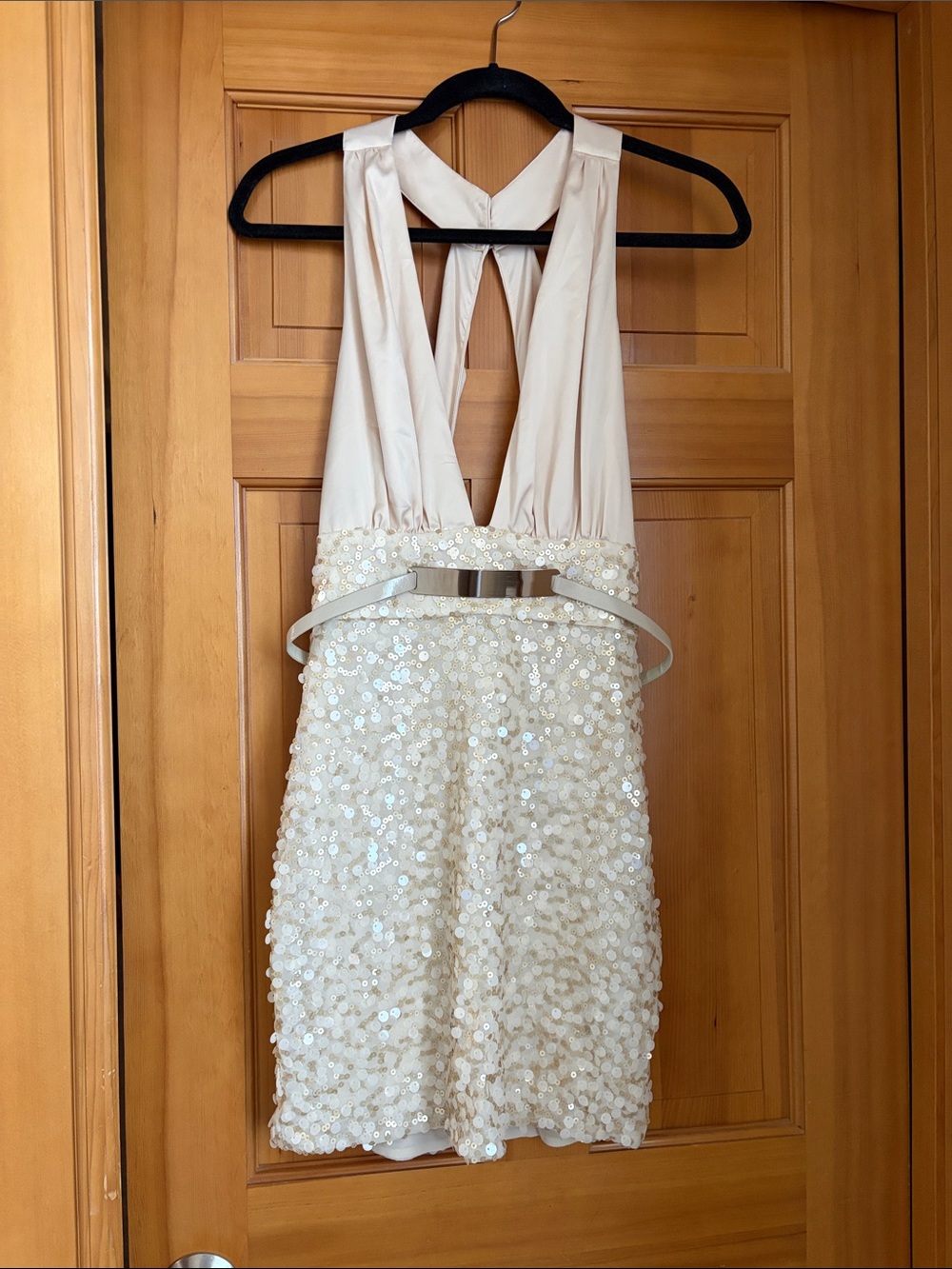 bebe Ivory Sequin Halter Mini Dress